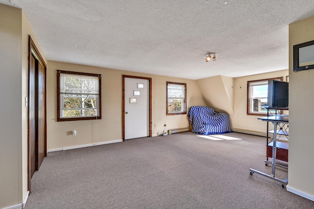 interior space with a textured ceiling, a wealth of natural light, a baseboard heating unit, and carpet flooring