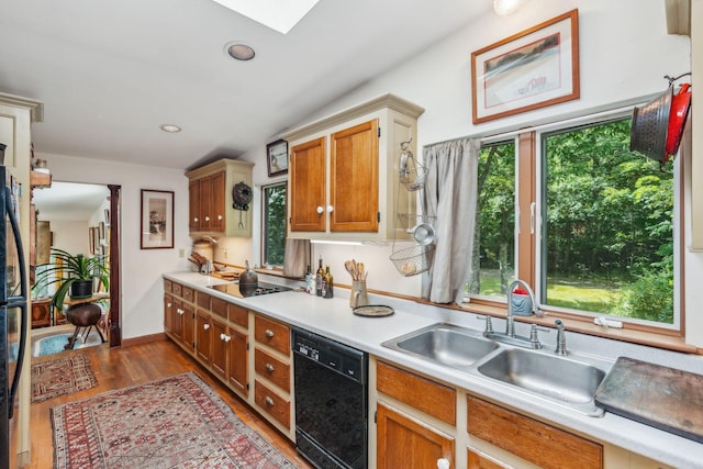 kitchen with light countertops, black appliances, a skylight, a sink, and wood finished floors