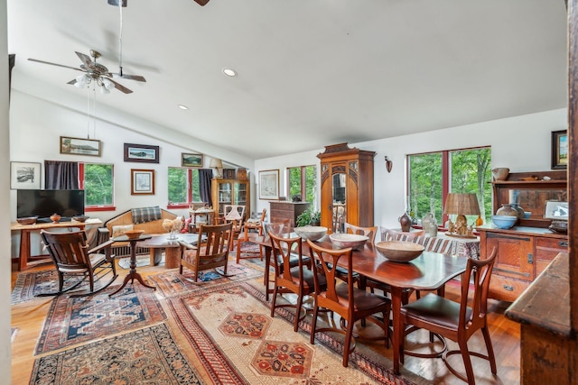 dining room with light wood finished floors, ceiling fan, vaulted ceiling, and plenty of natural light