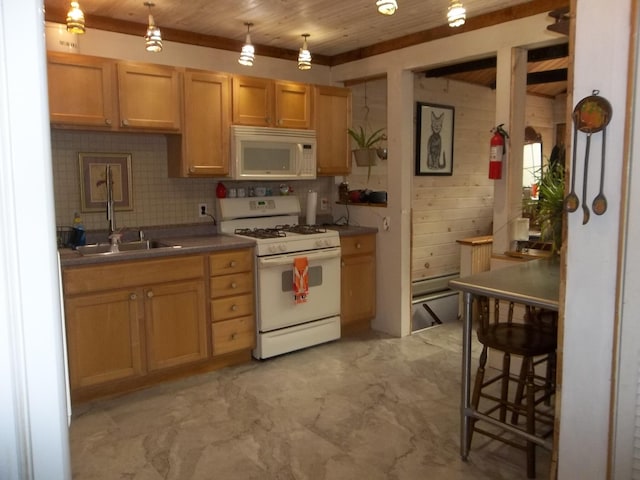 kitchen with pendant lighting, white appliances, tasteful backsplash, wooden ceiling, and sink