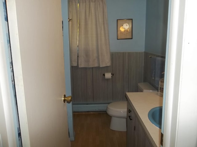 bathroom featuring vanity, a baseboard radiator, toilet, and wood-type flooring