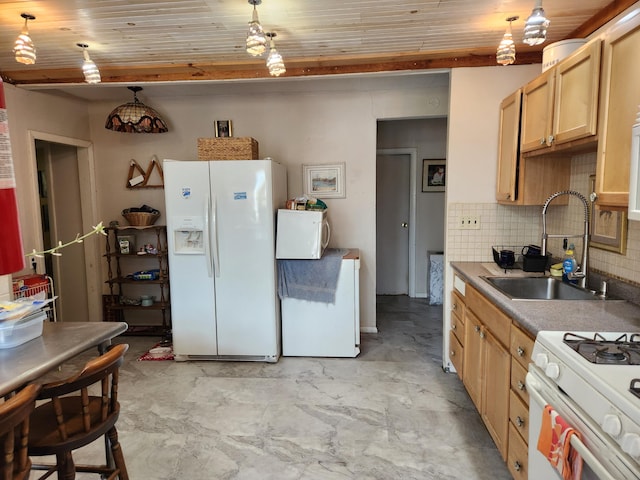 kitchen with pendant lighting, wood ceiling, sink, white appliances, and backsplash