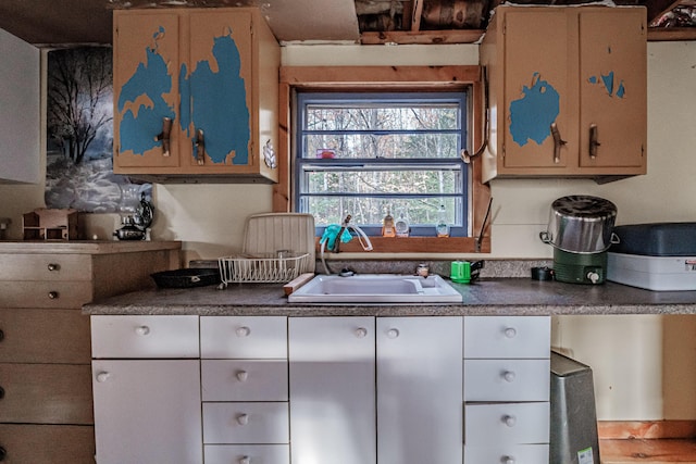 kitchen featuring white cabinetry, a sink, and dark countertops
