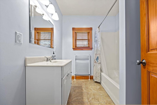 bathroom featuring vanity, radiator heating unit, shower / bathtub combination with curtain, and tile patterned flooring