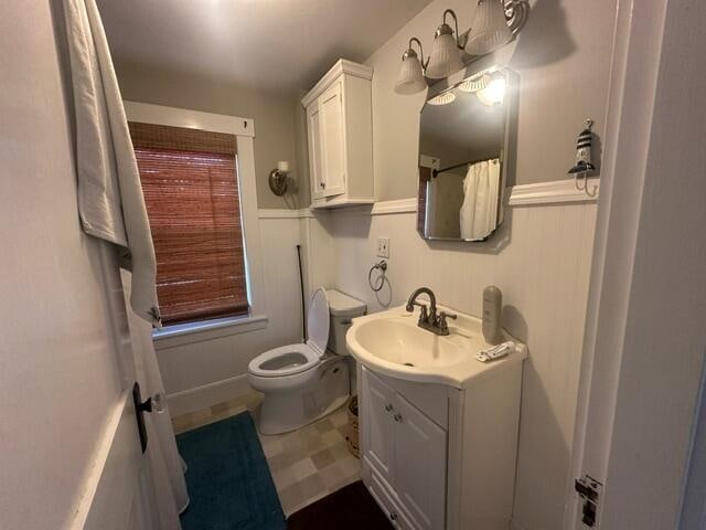 bathroom featuring toilet, walk in shower, and vanity