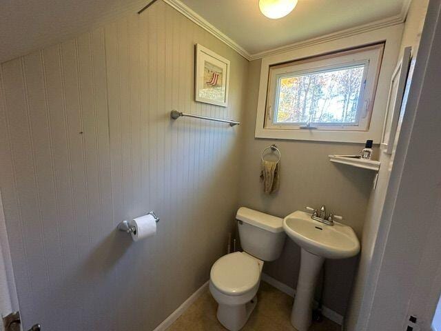 bathroom featuring ornamental molding, sink, and toilet