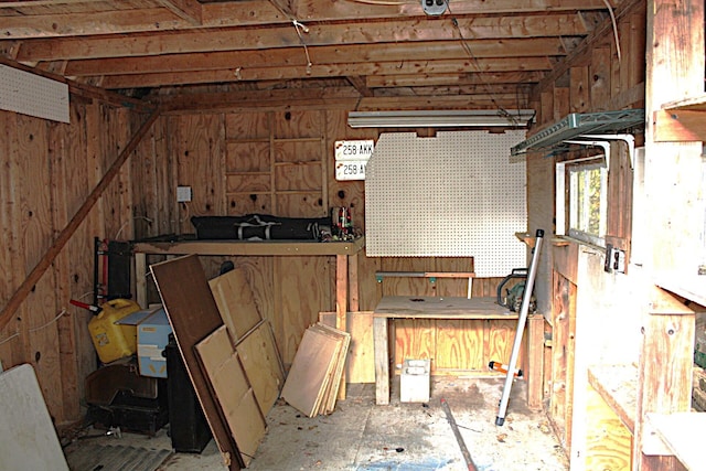 basement with a workshop area