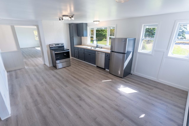 954 Mason Bay Rd, Jonesport, ME 04649 - kitchen with appliances with stainless steel finishes, light countertops, light wood-style flooring, and wainscoting