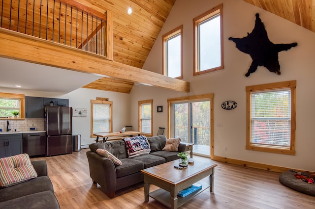 living room with light wood-type flooring, wooden ceiling, and a wealth of natural light