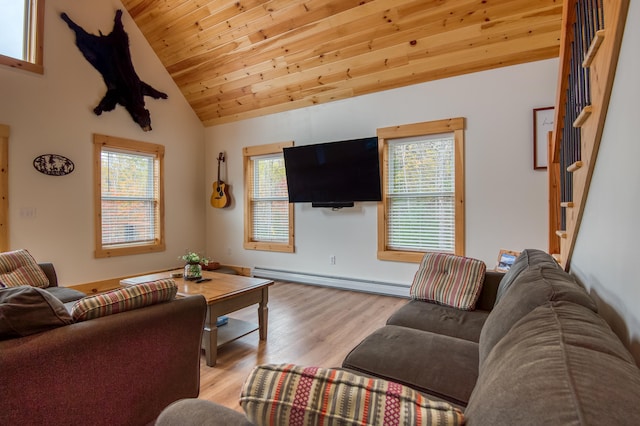 living room with wooden ceiling, lofted ceiling, light hardwood / wood-style flooring, and a baseboard radiator