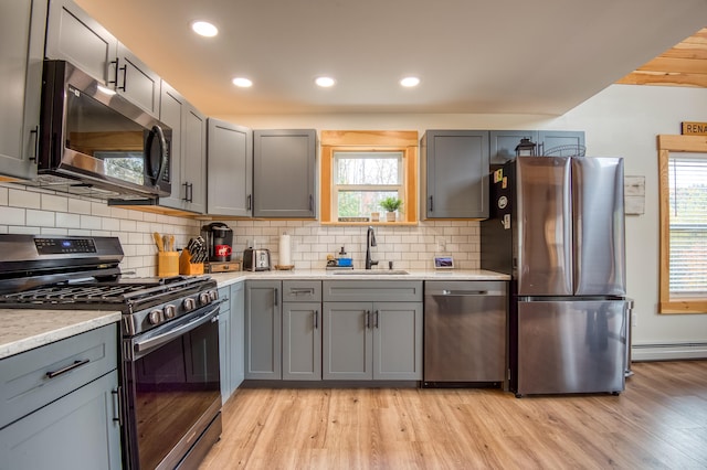 kitchen with gray cabinets, sink, stainless steel appliances, and light wood-type flooring