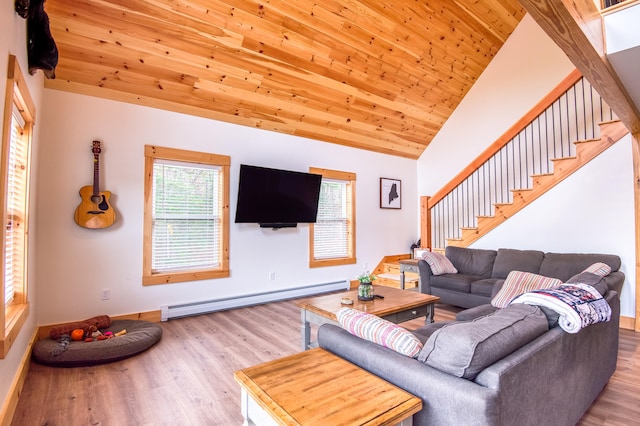 living room with plenty of natural light, vaulted ceiling, and a baseboard heating unit