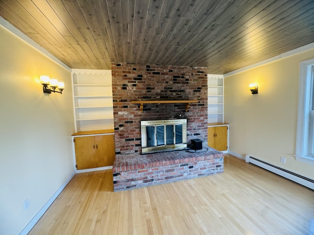 376 Fort Fairfield Rd, Caribou, ME 04736 - unfurnished living room with built in features, a brick fireplace, hardwood / wood-style floors, wooden ceiling, and a baseboard heating unit