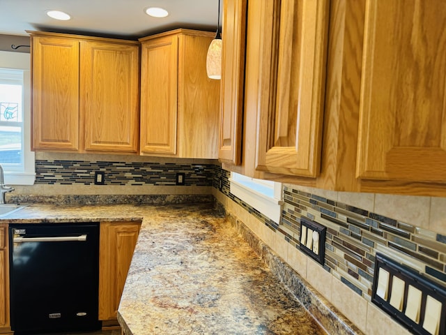 376 Fort Fairfield Rd, Caribou, ME 04736 - kitchen featuring black dishwasher, decorative backsplash, and recessed lighting