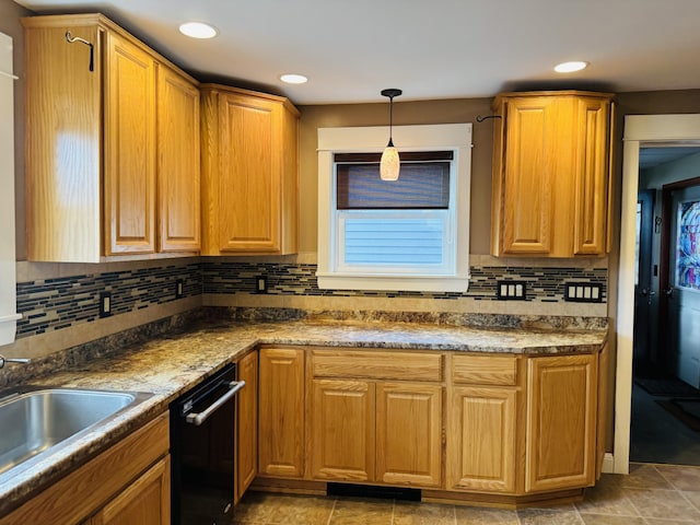 376 Fort Fairfield Rd, Caribou, ME 04736 - kitchen with dishwasher, decorative backsplash, pendant lighting, and recessed lighting