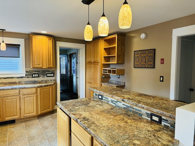 376 Fort Fairfield Rd, Caribou, ME 04736 - kitchen with pendant lighting, open shelves, stone counters, decorative backsplash, and recessed lighting