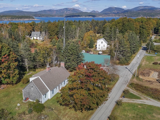 drone / aerial view featuring a water and mountain view