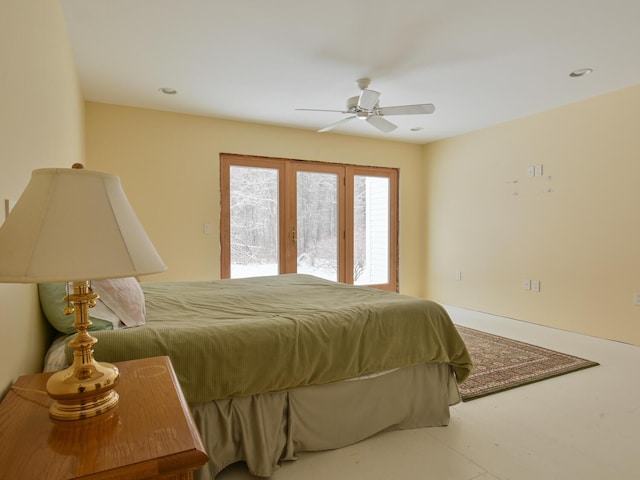 bedroom featuring ceiling fan and access to outside