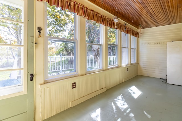 unfurnished sunroom with wood ceiling