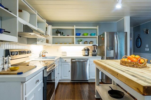 kitchen featuring wooden counters, sink, dark hardwood / wood-style flooring, white cabinetry, and appliances with stainless steel finishes