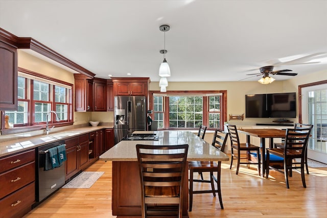 kitchen with light hardwood / wood-style floors, stainless steel appliances, and a wealth of natural light