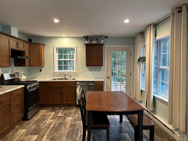 kitchen with plenty of natural light, dark wood-type flooring, sink, and stainless steel appliances