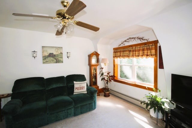 468 Curtis Rd, Swanville, ME 04915 - carpeted living area with baseboard heating and ceiling fan