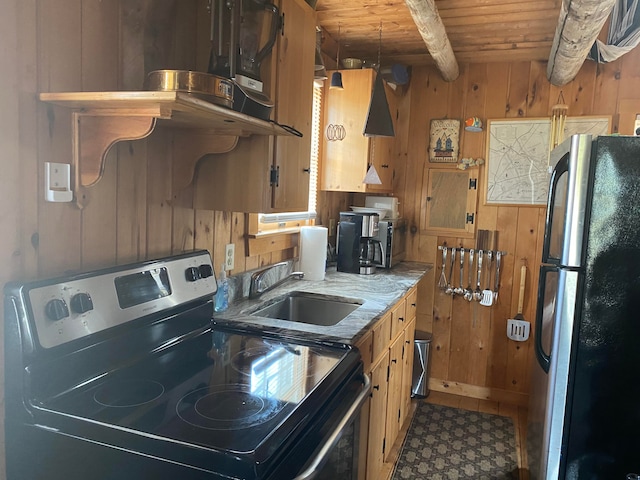 kitchen featuring appliances with stainless steel finishes, wooden ceiling, wood walls, beamed ceiling, and sink