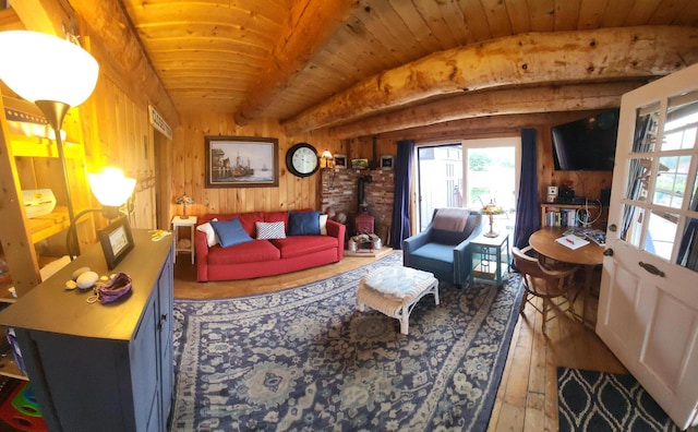 living room with wood ceiling, a wood stove, beamed ceiling, wooden walls, and hardwood / wood-style flooring