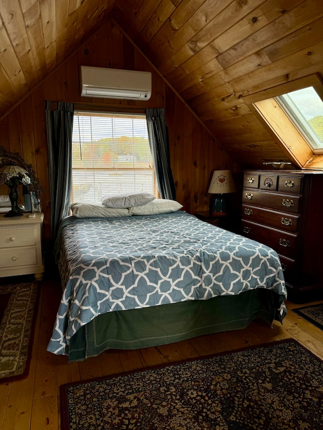 bedroom with wood ceiling, an AC wall unit, wooden walls, wood-type flooring, and lofted ceiling with skylight