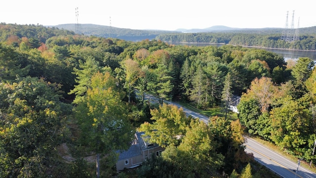 bird's eye view with a wooded view