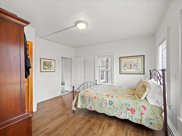 bedroom with baseboard heating, multiple windows, and hardwood / wood-style flooring