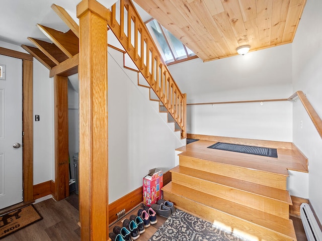 stairs with wood-type flooring, baseboard heating, and wooden ceiling