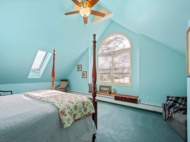 carpeted bedroom featuring ceiling fan and lofted ceiling