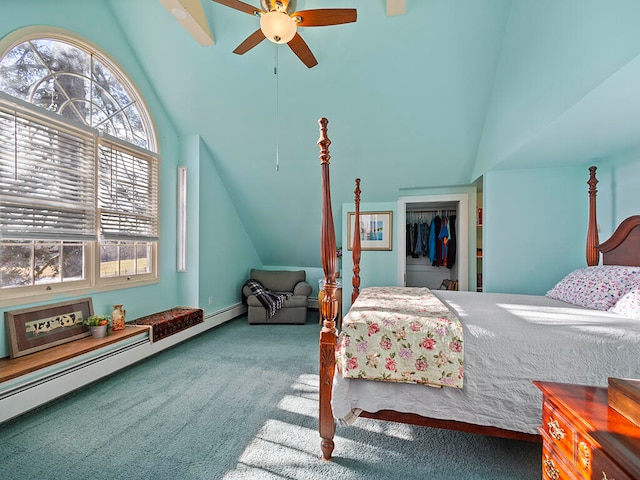 bedroom featuring carpet flooring, a closet, multiple windows, and lofted ceiling