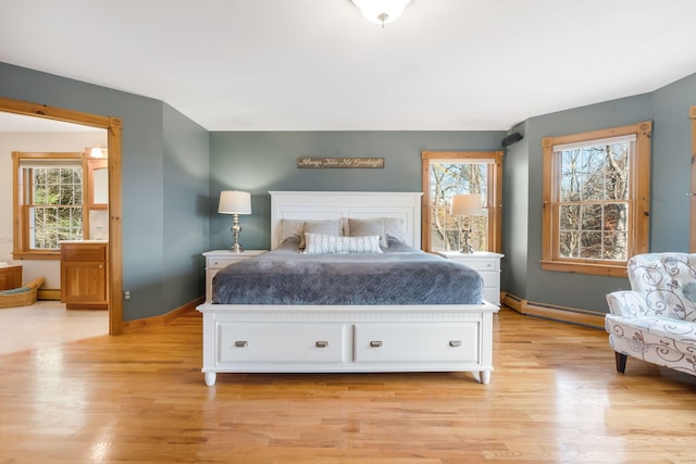 bedroom featuring light hardwood / wood-style floors and a baseboard radiator