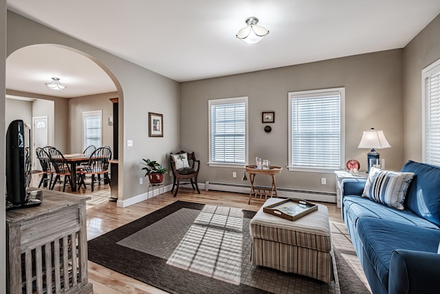 living room with light hardwood / wood-style floors and a baseboard heating unit