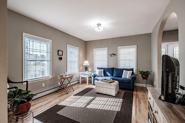 living room featuring hardwood / wood-style floors, a baseboard radiator, and a healthy amount of sunlight