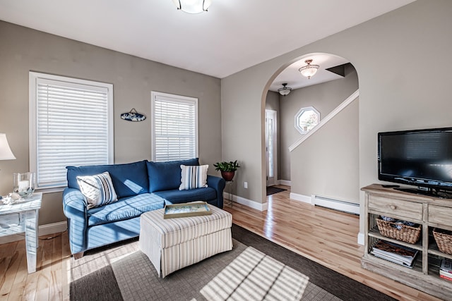 living room featuring hardwood / wood-style flooring and a baseboard heating unit