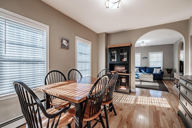 dining space with a baseboard radiator, a wealth of natural light, and light hardwood / wood-style floors