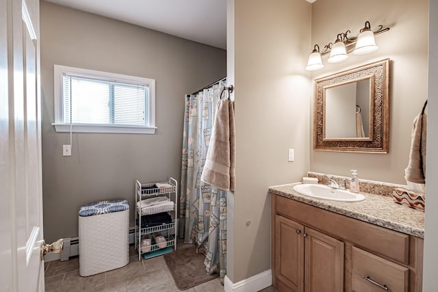 bathroom with tile patterned flooring, vanity, a baseboard radiator, and a shower with shower curtain