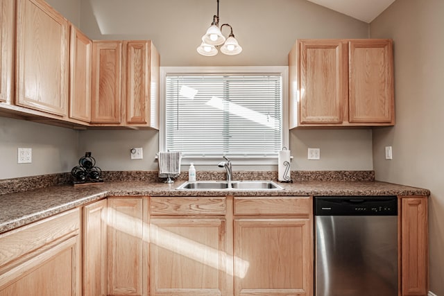 kitchen with light brown cabinetry, sink, stainless steel dishwasher, and lofted ceiling