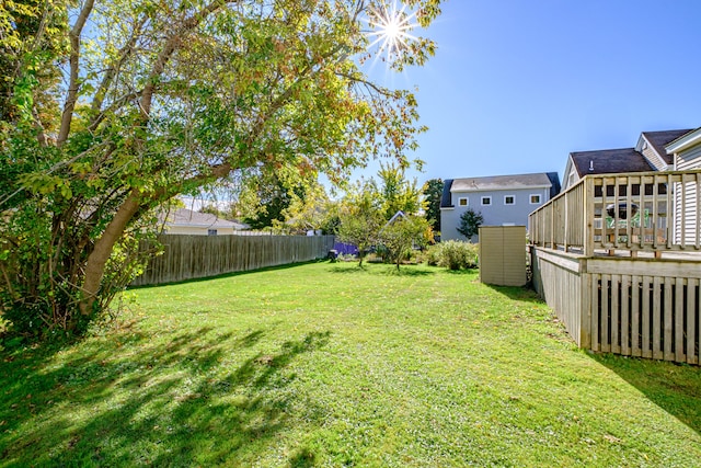 view of yard featuring a deck and a storage shed