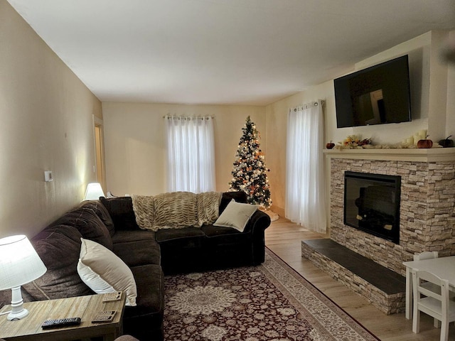 living room featuring a fireplace and light hardwood / wood-style flooring