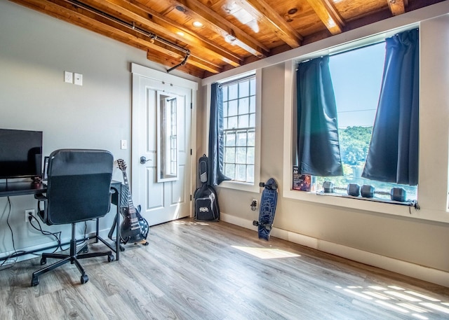 office with light hardwood / wood-style floors, wood ceiling, and beam ceiling