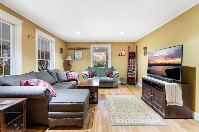 living room with ornamental molding, a healthy amount of sunlight, and light wood-type flooring