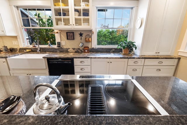 kitchen featuring a wealth of natural light, black dishwasher, and white cabinets