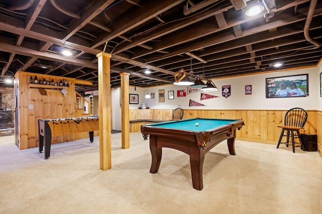 rec room featuring wood walls, billiards, and carpet floors