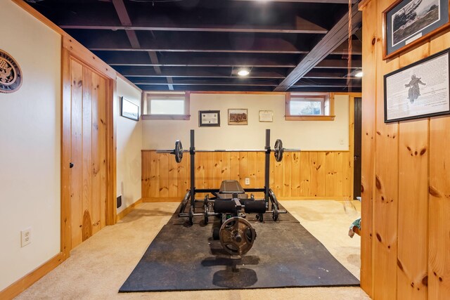 exercise area featuring wood walls, carpet floors, and plenty of natural light