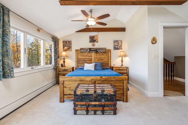 bedroom featuring ceiling fan, lofted ceiling with beams, a baseboard heating unit, and light carpet